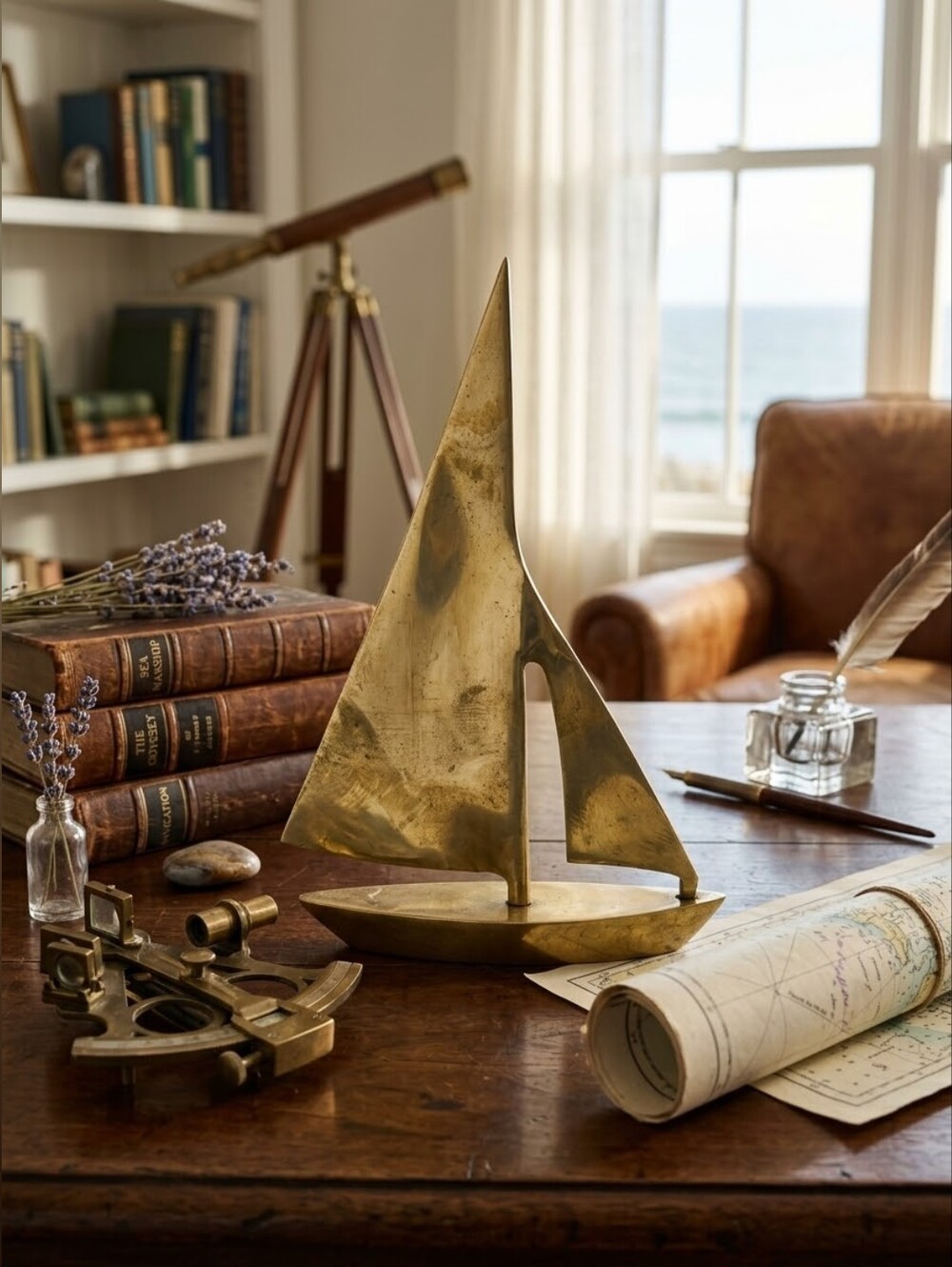 Vintage Solid Brass Sailboat Figurine Sculpture MCM Nautical Coastal Decor